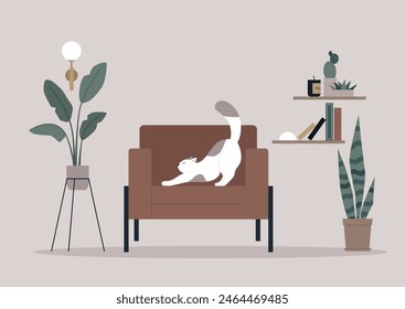 Serene Stretch, Feline Grace Amidst Modern Home Decor, A white cat elongates gracefully on a leather armchair, complementing the tranquil interior