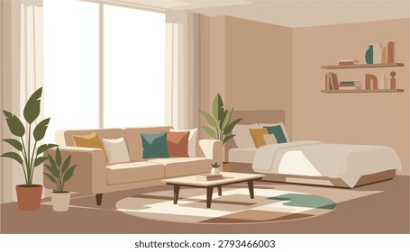 A serene studio dwelling showcasing a sofa bed and coffee table bathed in gentle daylight. Ideal for interior design concepts and lifestyle promotions.