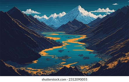Sereno e impresionante, esta representación vectorial de un río de montaña muestra la majestuosa belleza de la naturaleza.