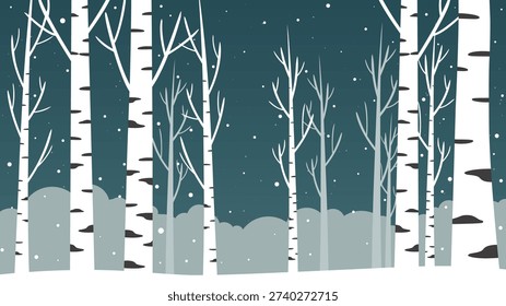 Serene, stylized illustration of a winter forest with tall birch trees covered in snow under a dark, night sky. Ideal for seasonal, nature, or tranquil design projects.