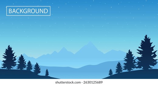 Serene stylized landscape background with gradient blue sky, mountains in the distance and silhouettes of pine trees in the foreground.