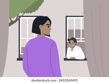 Serene Suburban Encounter, A tranquil moment as two neighbors engage in a silent exchange, each framed by their own window