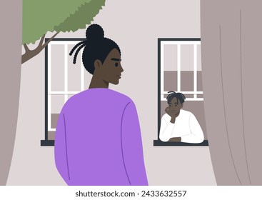 Serene Suburban Encounter, A tranquil moment as two neighbors engage in a silent exchange, each framed by their own window