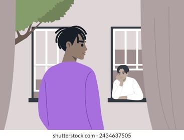 Serene Suburban Encounter, A tranquil moment as two neighbors engage in a silent exchange, each framed by their own window