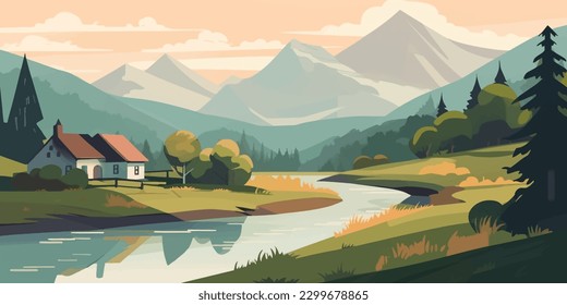 Serene Summer Countryside  Vector Illustration of Refreshing River  Rolling Hills  and Rustic Homes  Ideal for Travel Posters and Banners