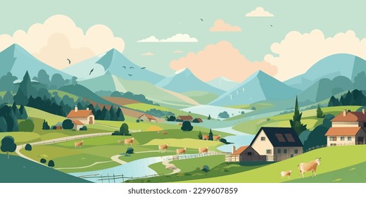 Serene Summer Fields  A Flat Cartoon Landscape