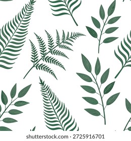 Serene summer leaves seamless pattern with soft ferns and green foliage for a tranquil garden design concept as Soft ferns and green foliage arranged seamlessly for a tranquil natural summer vibe in garden spaces in Photo Stock Concept and empty space on the left side,no text --ar 7:2 --tile