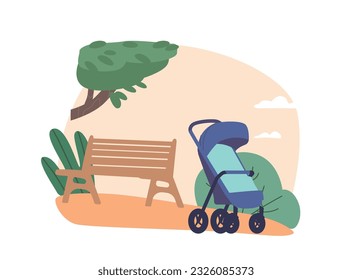 Serene Summer Park Setting With A Comfortable Bench And A Nearby Baby Stroller, Providing A Peaceful Spot