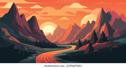 Serene Summer Scenery  Cartoon Landscape with Mountains  Hills  and Green Fields