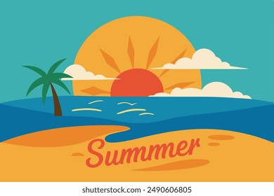 Serene Summer Season Vector Illustration - Tranquil Beach Scene with Bright Sun, Palm Trees, and Clear Blue Sky - Ideal for Travel, Vacation, and Relaxation Themed Designs