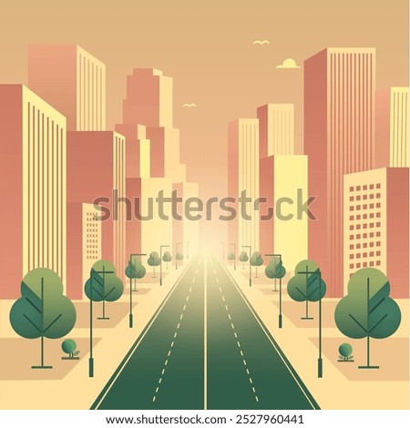 A serene sunrise fills the sky above a cityscape featuring tall skyscrapers and a wide street lined with evenly spaced trees. Ideal for urban life, city planning, modern architecture, sunrise in the