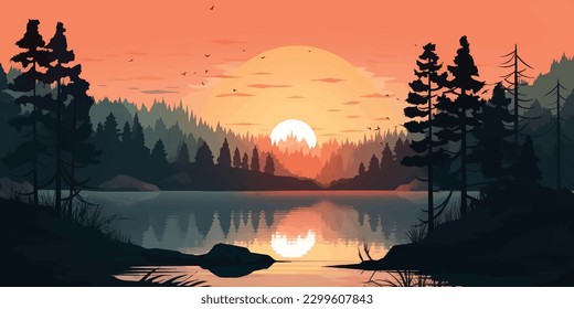 Serene Sunrise  A Majestic Pine Forest Lake Landscape   Vector Art