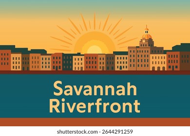 A serene sunrise over the historic Savannah Riverfront, where the soft morning light reflects off the water and illuminates the charming streets and architecture of Georgia’s iconic historic district