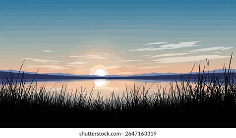 Serene Sunrise Over Tranquil Water with Reeds