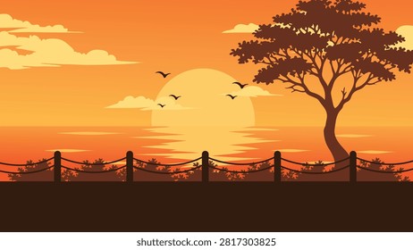 Serene Sunset Coast Flat Vector Landscape Banner With Wooden Fence And Silhouette Tree