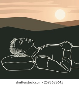 Serene Sunset Contemplation, Minimalist Line Art.