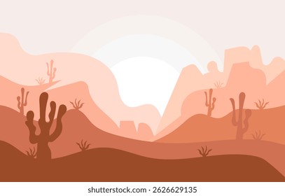 Serene Sunset Desert Landscape Cactus, Mountains, and Sand Dunes