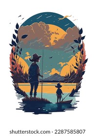 Serene sunset fishing scene of a mother and daughter on the river, seen from the back.
