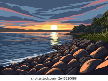 Serene sunset landscape with lake and rocks