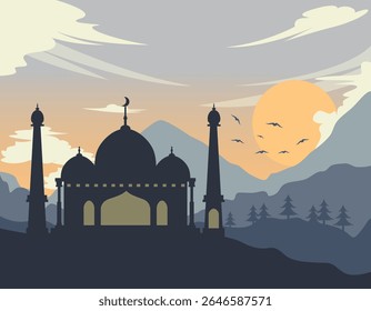 Uma paisagem serena do pôr do sol com uma silhueta da mesquita, montanhas, árvores e pássaros voadores