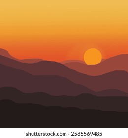 Serene Sunset Landscape with Mountain Ranges and Color Gradient Sky - Tranquil Natural Beauty Illustration