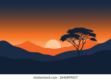 Serene sunset landscape: silhouette of a solitary acacia tree against a vibrant orange and deep blue gradient sky, overlooking rolling hills at dusk.