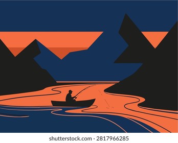 Serene sunset landscape vector illustration with fisherman in a boat on calm water