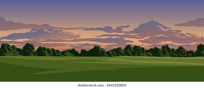 Serene sunset with meadow and forest