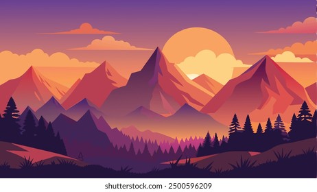 Serene Sunset Over Majestic Mountains , illustration