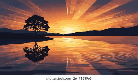 Sereno pôr do sol sobre um lago tranquilo com uma árvore solitária
