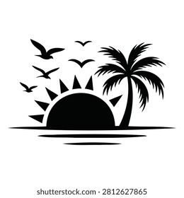 Serene sunset over water with flying birds and single palm tree silhouette