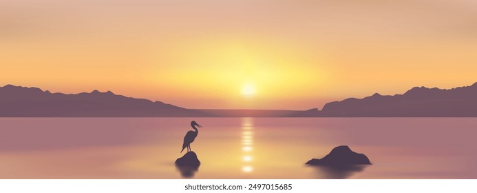 Serene sunset at river with a bird. Dramatic sundown landscape