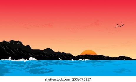 a serene sunset scene with a large, orange sun setting over a calm ocean. Dark silhouettes of mountains and a flock of birds 