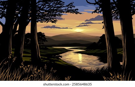 Serene sunset scenery with mountain and river