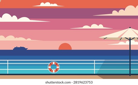 Serene sunset view from a cruise ship deck featuring a lifebuoy on the railing and a white beach umbrella against sunset sky.