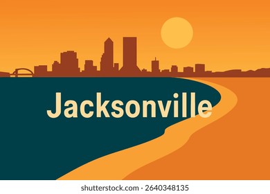 A serene sunset view from Jacksonville Beach, with the city skyline glowing in the distance as the ocean reflects the warm colors of the setting sun.