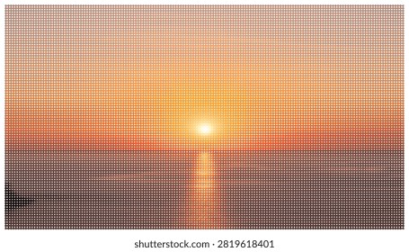 Serene sunset view over peaceful ocean water horizon with glowing sun reflection, warm orange sky background, conceptual artistic digital image creation.