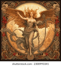 Serene Supremacy - illustration of a graceful angel, surrounded by intricate floral designs 