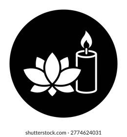A serene symbol featuring a lit candle and lotus flower in a circle, representing peace and spirituality.