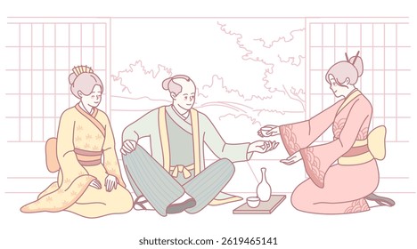 A serene tea ceremony scene that features characters dressed in beautiful kimonos against a tranquil background