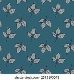 Serene teal background adorned with a repeating pattern of stylized leaves.  This minimalist design evokes natures tranquility, perfect for branding, textiles, or website backgrounds.