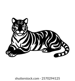 Serene tiger lying down silhouette icon vector design