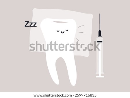 A serene tooth rests on a soft pillow, embodying peace as an anesthesia syringe lies nearby, symbolizing comfort during dental procedures and patient care