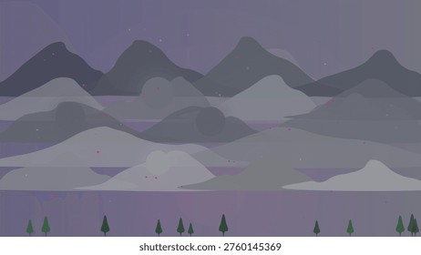 A serene and tranquil mountain landscape at dusk with soft purple and blue hues and gentle snow-covered peaks under a starry sky