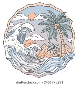 Ilustración de paraíso de playa tropical sereno con palmeras. Olas y una impresionante puesta de sol sobre el mar. Exhibición de la costa idílica. Montañas y flora exótica en un ambiente cálido y tranquilo.