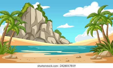 Serene tropical beach scene with lush palms and cliffs