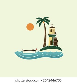 A serene tropical island scene featuring a lighthouse, palm tree, boat, and a setting sun, evoking a sense of peaceful coastal getaway.
