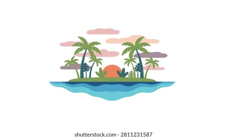 Serene tropical island setting featuring palm trees and lush vegetation silhouetted against a setting sun under a sky of soft colored clouds.