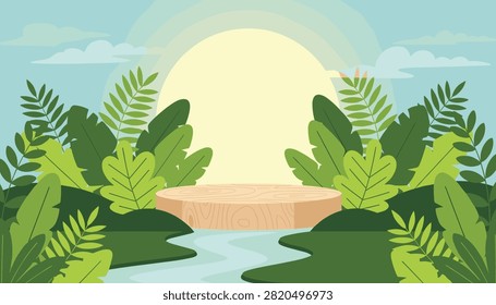 Serene tropical jungle backdrop featuring a round wooden podium over a stream with lush green leaves and a giant sun.