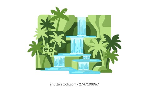 A serene tropical waterfall surrounded by lush greenery and palm trees isolated on white background, Vector, illustration